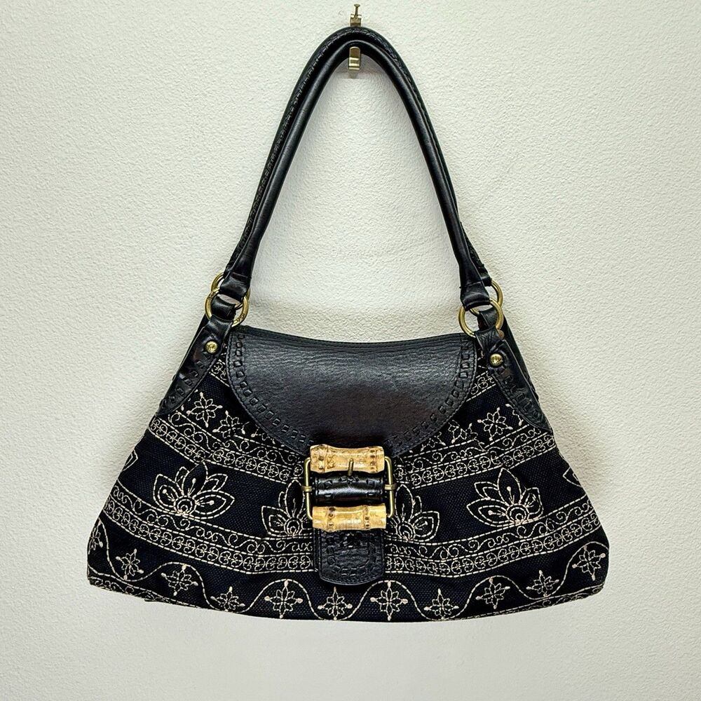 Kate Landry Black Leather Embroidered Buckle Bag Purse Y2k Western Cowgirl Boho